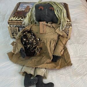 Doll Chloe Hand Crafted Rustic Folk with Black Basket Old Crow